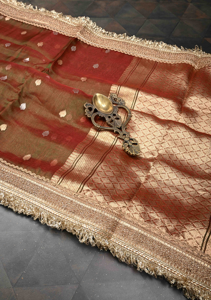 Maroon Dual tone Organza Tissue Silk Saree with Sona Rupa Zari Buttas and Fancy Lace Trim Border | SILK MARK CERTIFIED