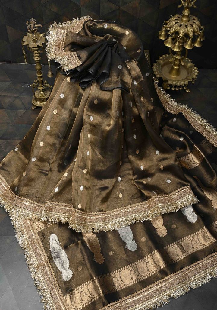 Bronze Banarasi Pure Tissue Silk Saree with Sona Rupa Zari Buttas and Fancy Lace Trim Border | SILK MARK CERTIFIED