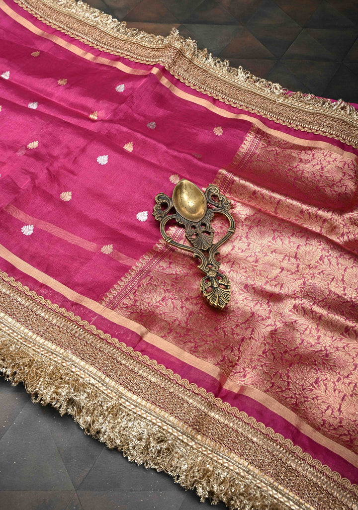 Raspberry Pink Organza Silk Saree with Sona Rupa Zari Buttas and Fancy Lace Trim Border | SILK MARK CERTIFIED