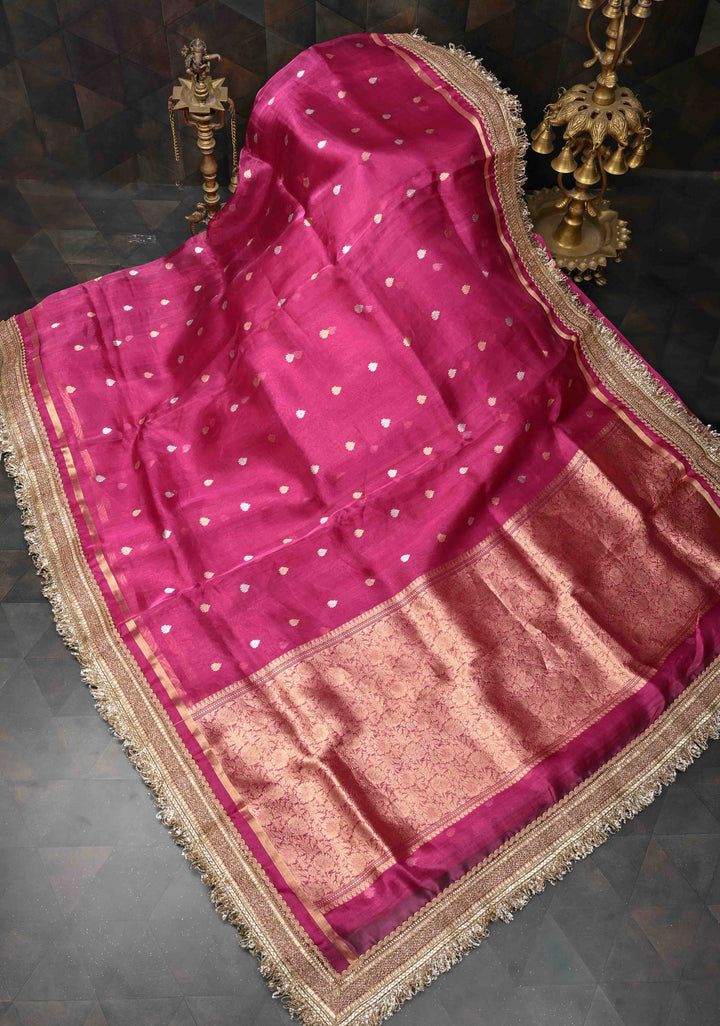 Raspberry Pink Organza Silk Saree with Sona Rupa Zari Buttas and Fancy Lace Trim Border | SILK MARK CERTIFIED