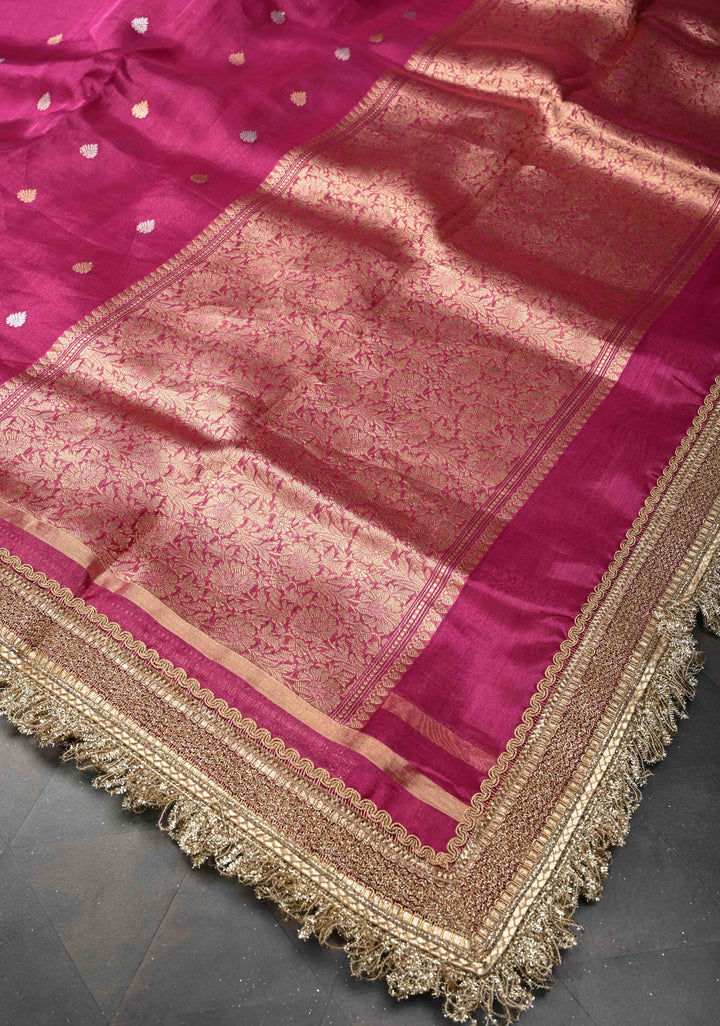 Raspberry Pink Organza Silk Saree with Sona Rupa Zari Buttas and Fancy Lace Trim Border | SILK MARK CERTIFIED