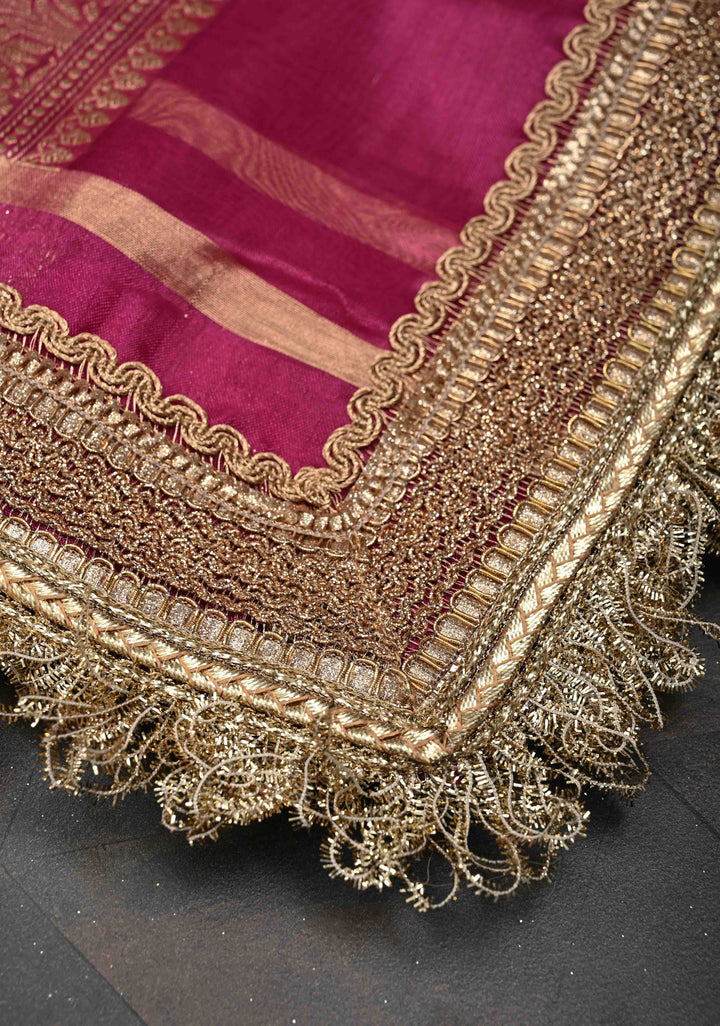 Raspberry Pink Organza Silk Saree with Sona Rupa Zari Buttas and Fancy Lace Trim Border | SILK MARK CERTIFIED