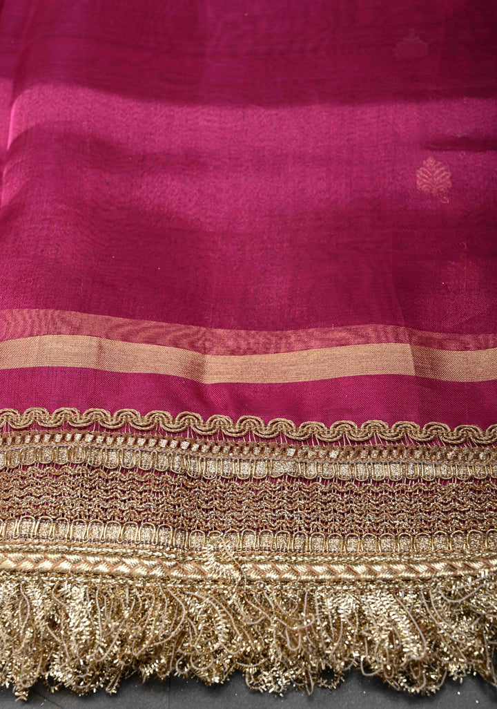 Raspberry Pink Organza Silk Saree with Sona Rupa Zari Buttas and Fancy Lace Trim Border | SILK MARK CERTIFIED