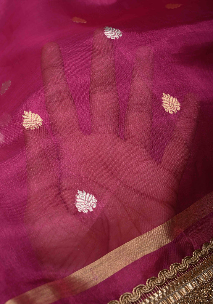 Raspberry Pink Organza Silk Saree with Sona Rupa Zari Buttas and Fancy Lace Trim Border | SILK MARK CERTIFIED