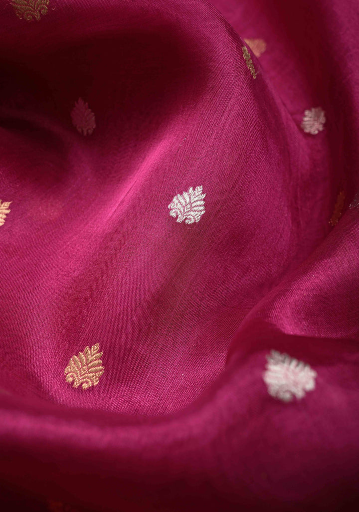 Raspberry Pink Organza Silk Saree with Sona Rupa Zari Buttas and Fancy Lace Trim Border | SILK MARK CERTIFIED