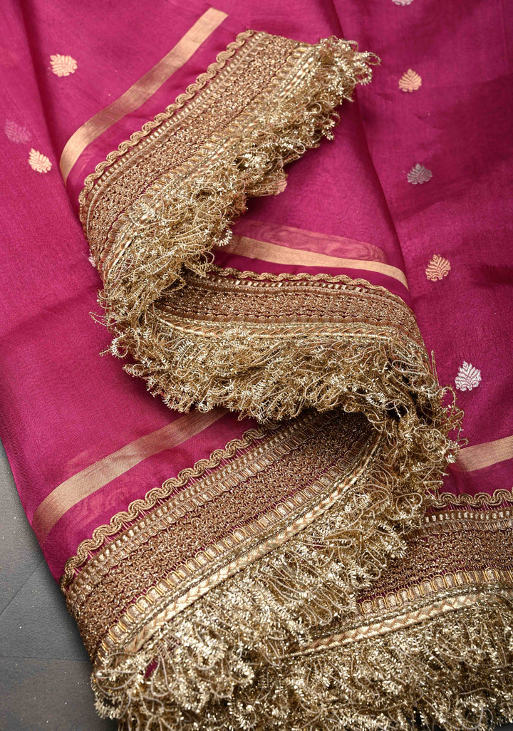 Raspberry Pink Organza Silk Saree with Sona Rupa Zari Buttas and Fancy Lace Trim Border | SILK MARK CERTIFIED