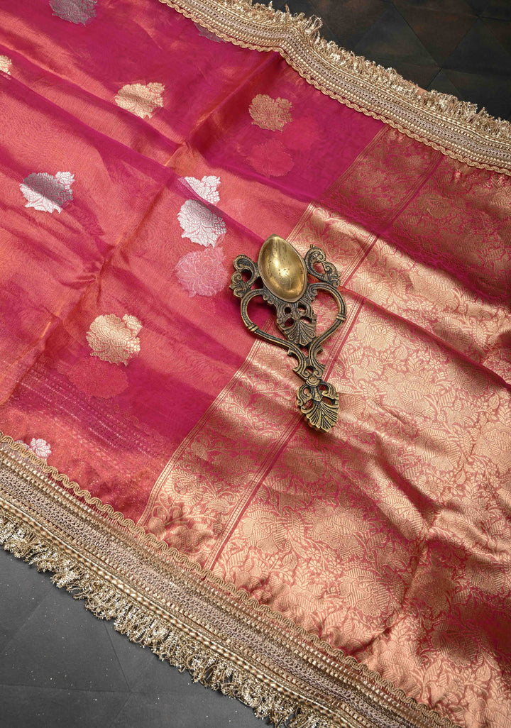 Pink Dual tone Organza Tissue Silk Saree with Sona Rupa Zari Buttas and Fancy Lace Trim Border | SILK MARK CERTIFIED