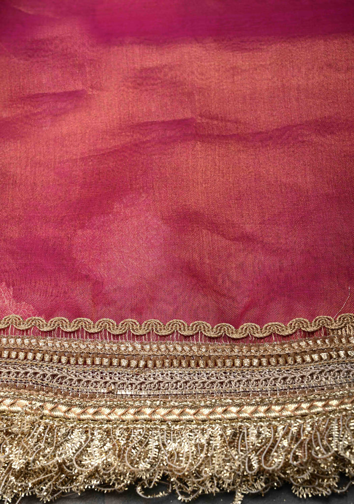 Pink Dual tone Organza Tissue Silk Saree with Sona Rupa Zari Buttas and Fancy Lace Trim Border | SILK MARK CERTIFIED