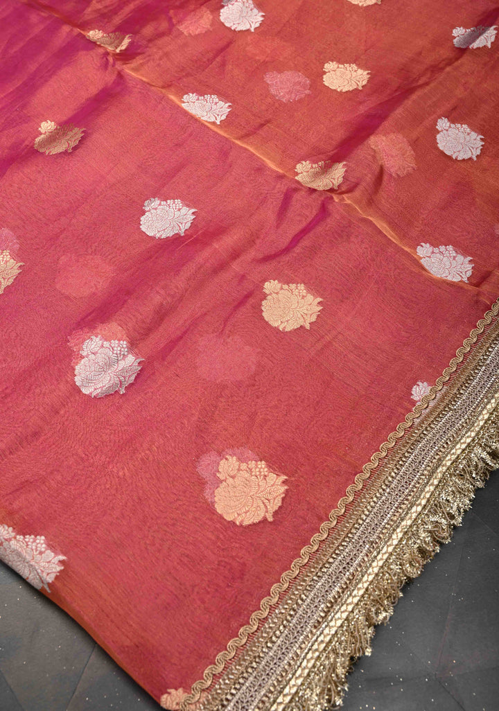 Pink Dual tone Organza Tissue Silk Saree with Sona Rupa Zari Buttas and Fancy Lace Trim Border | SILK MARK CERTIFIED