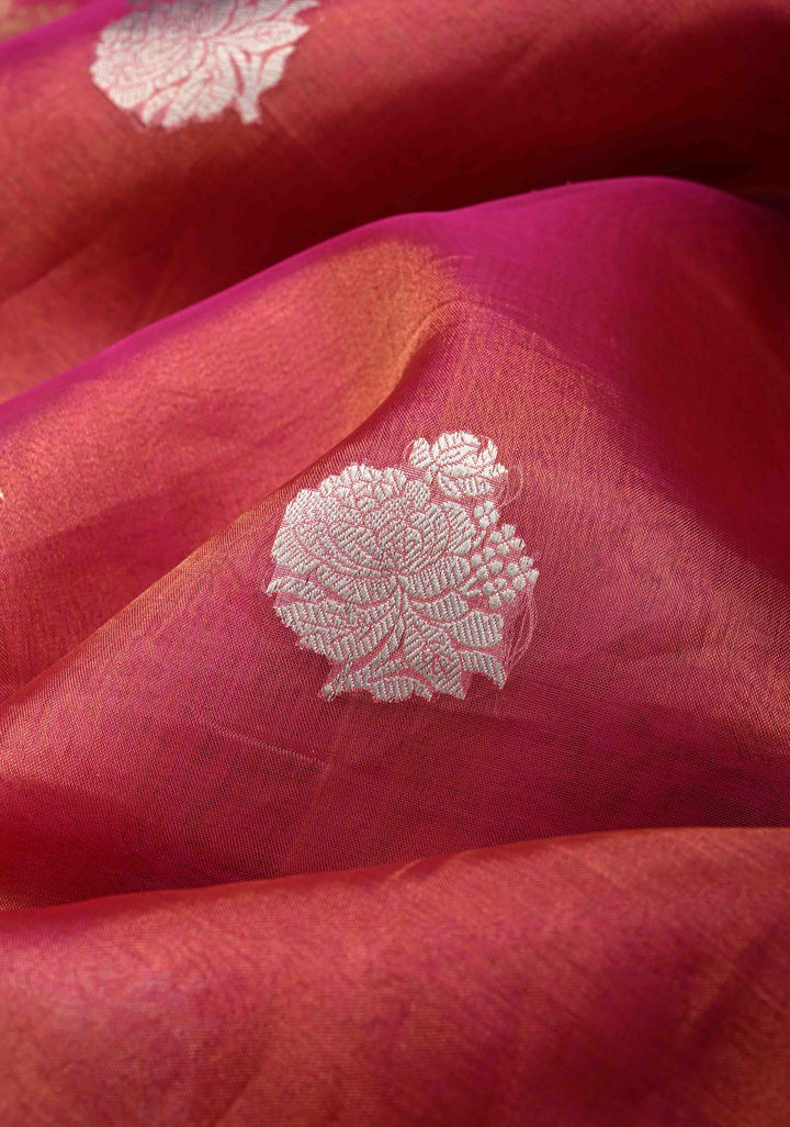 Pink Dual tone Organza Tissue Silk Saree with Sona Rupa Zari Buttas and Fancy Lace Trim Border | SILK MARK CERTIFIED