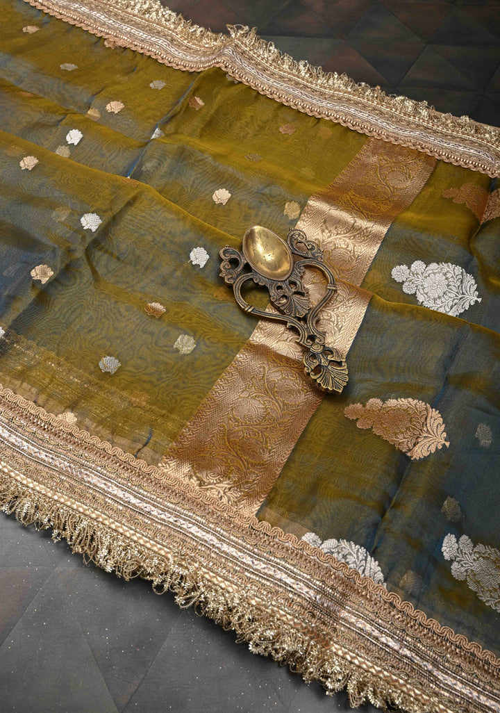 Green Dual Tone Organza Silk Saree with Sona Rupa Buttas and Fancy Lace Trim Border | SILK MARK CERTIFIED