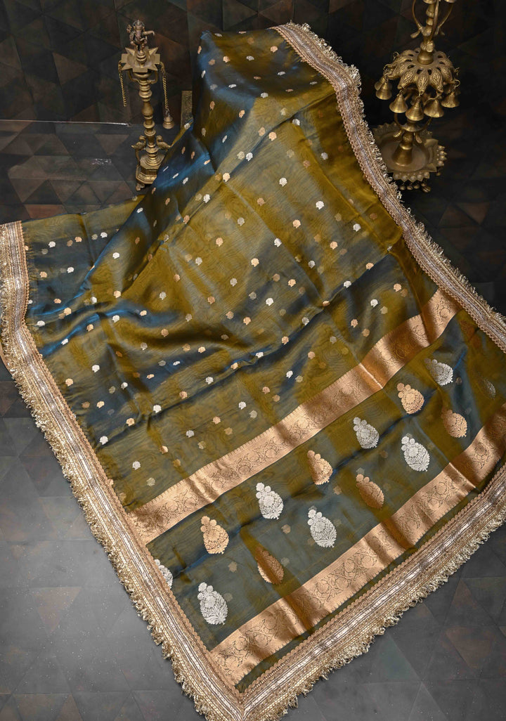 Green Dual Tone Organza Silk Saree with Sona Rupa Buttas and Fancy Lace Trim Border | SILK MARK CERTIFIED