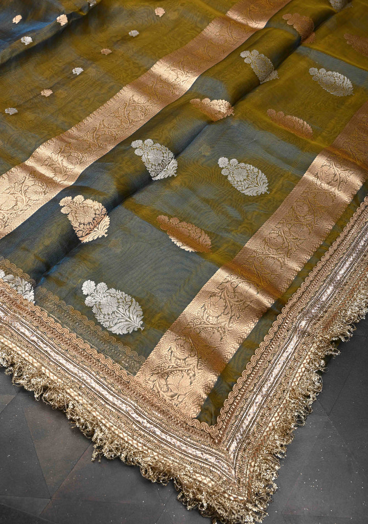 Green Dual Tone Organza Silk Saree with Sona Rupa Buttas and Fancy Lace Trim Border | SILK MARK CERTIFIED