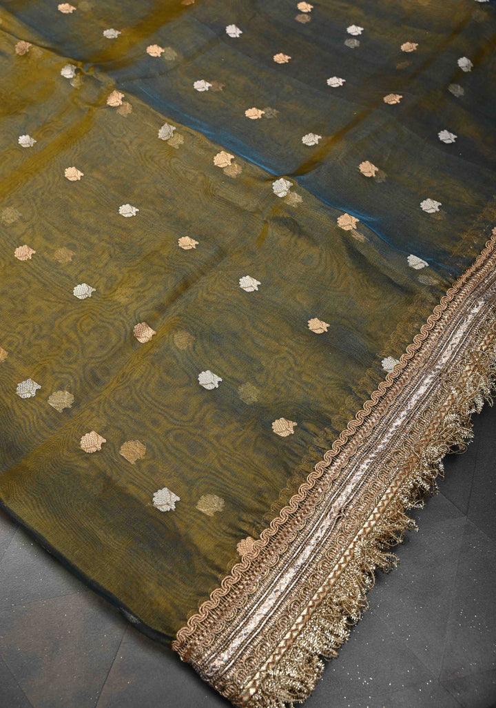Green Dual Tone Organza Silk Saree with Sona Rupa Buttas and Fancy Lace Trim Border | SILK MARK CERTIFIED