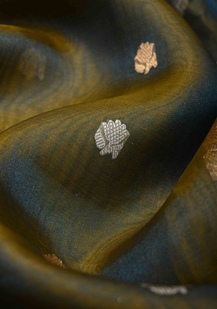 Green Dual Tone Organza Silk Saree with Sona Rupa Buttas and Fancy Lace Trim Border | SILK MARK CERTIFIED