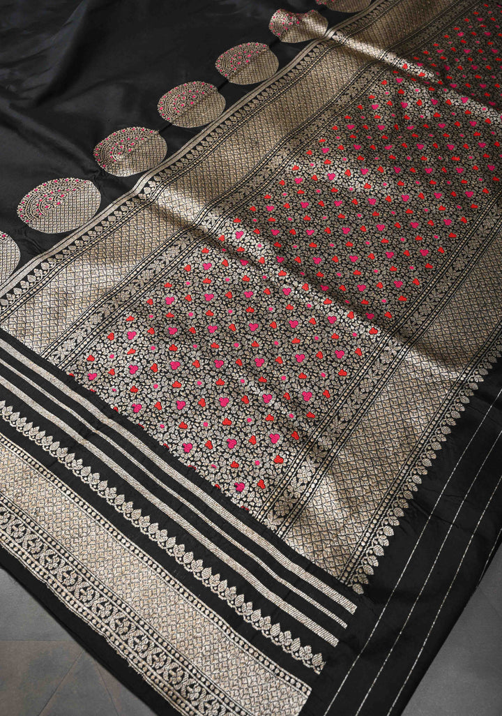 Black Banarasi Pure Katan Silk Saree with Big Meenakari Zari Buttas and Zari Border | SILK MARK CERTIFIED