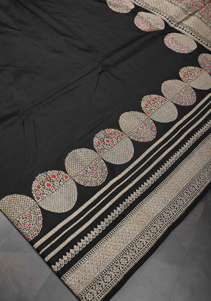 Black Banarasi Pure Katan Silk Saree with Big Meenakari Zari Buttas and Zari Border | SILK MARK CERTIFIED