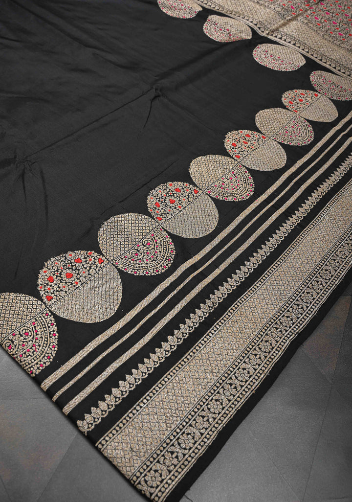 Black Banarasi Pure Katan Silk Saree with Big Meenakari Zari Buttas and Zari Border | SILK MARK CERTIFIED