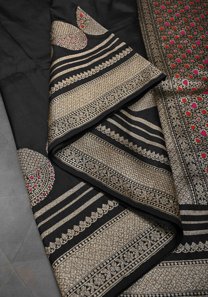 Black Banarasi Pure Katan Silk Saree with Big Meenakari Zari Buttas and Zari Border | SILK MARK CERTIFIED