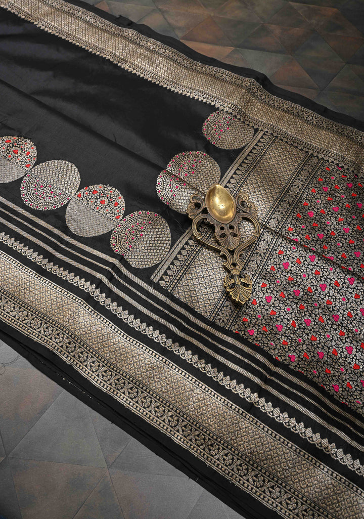 Black Banarasi Pure Katan Silk Saree with Big Meenakari Zari Buttas and Zari Border | SILK MARK CERTIFIED