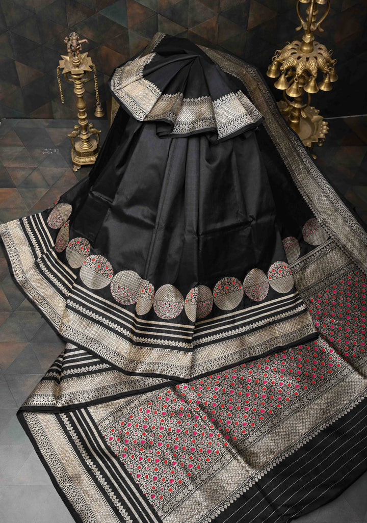 Black Banarasi Pure Katan Silk Saree with Big Meenakari Zari Buttas and Zari Border | SILK MARK CERTIFIED