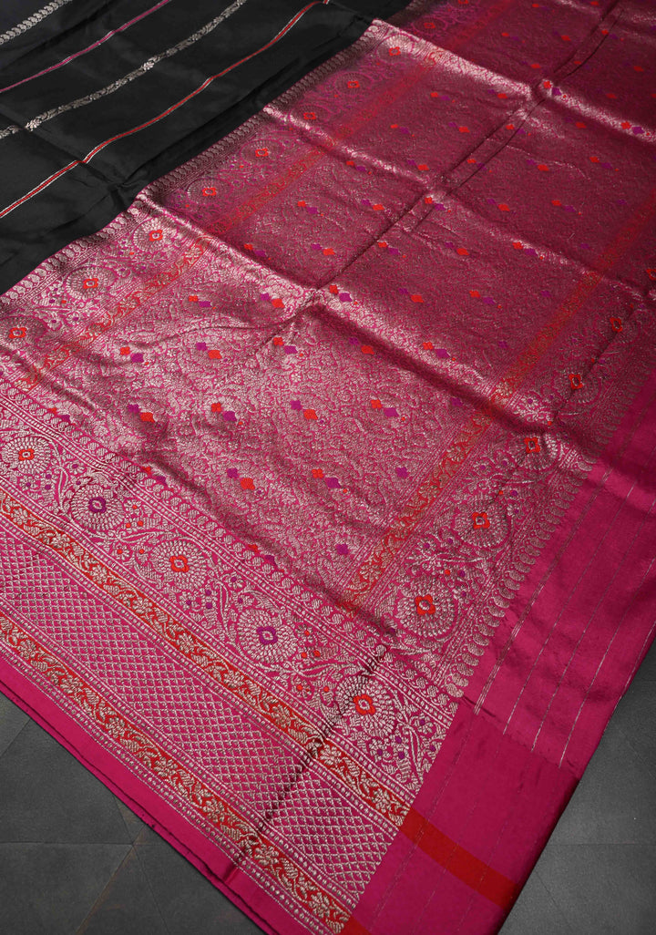 Black Banarasi Pure Katan Silk Saree with vertical Zari Stripes, Meenakari border and pallu | SILK MARK CERTIFIED