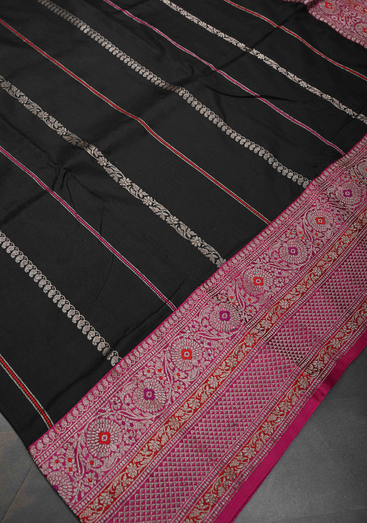 Black Banarasi Pure Katan Silk Saree with vertical Zari Stripes, Meenakari border and pallu | SILK MARK CERTIFIED