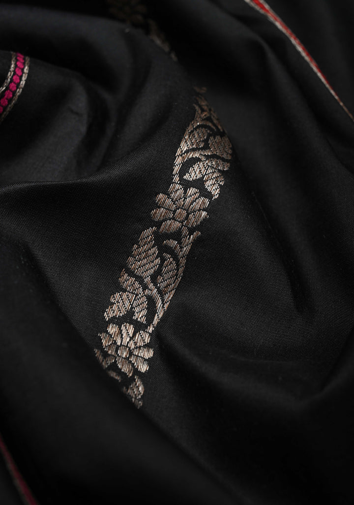 Black Banarasi Pure Katan Silk Saree with vertical Zari Stripes, Meenakari border and pallu | SILK MARK CERTIFIED