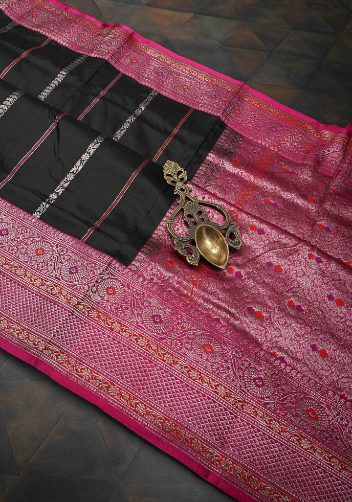 Black Banarasi Pure Katan Silk Saree with vertical Zari Stripes, Meenakari border and pallu | SILK MARK CERTIFIED
