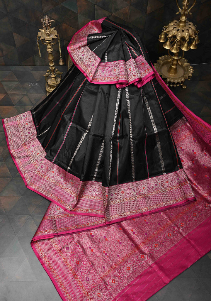 Black Banarasi Pure Katan Silk Saree with vertical Zari Stripes, Meenakari border and pallu | SILK MARK CERTIFIED