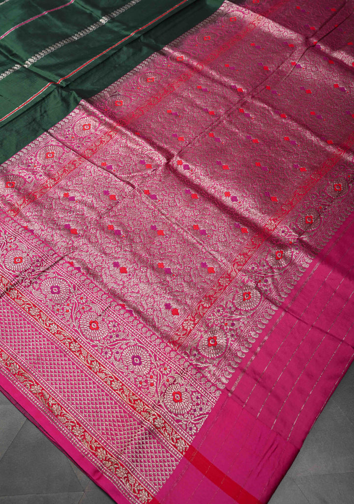 Bottle green Banarasi Pure Katan Silk Saree with Zari vertical stripes and Meenakari Contrast border, Pallu  | SILK MARK CERTIFIED
