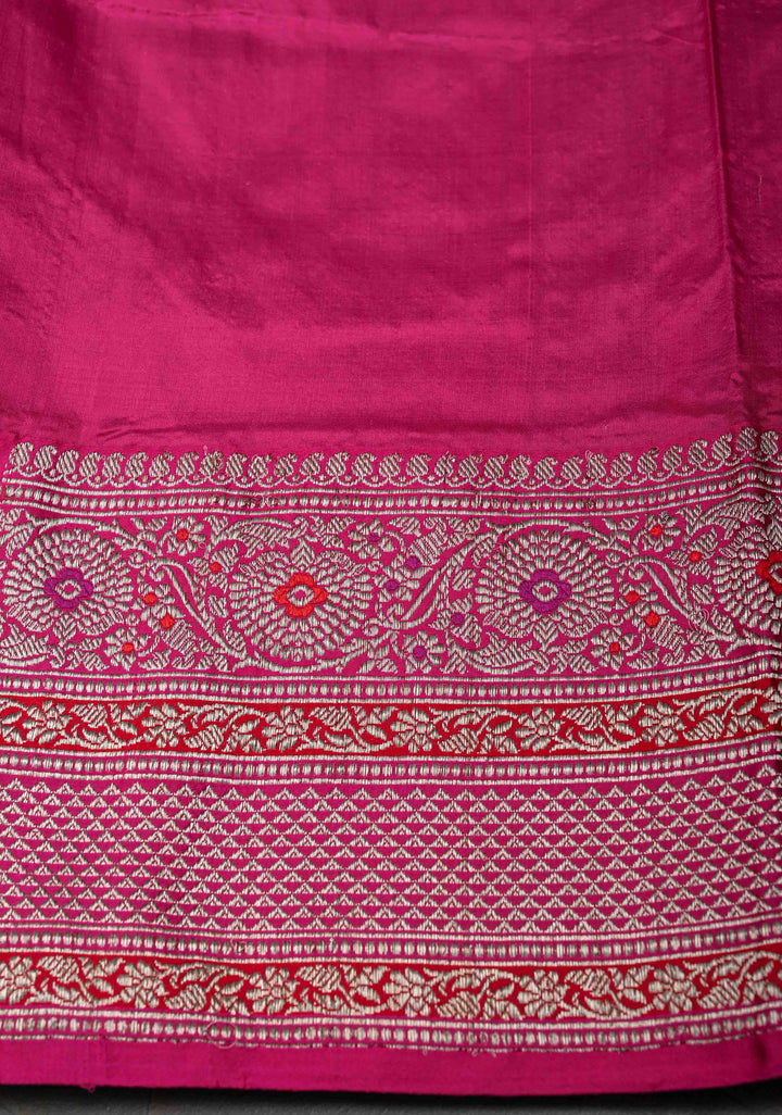 Bottle green Banarasi Pure Katan Silk Saree with Zari vertical stripes and Meenakari Contrast border, Pallu  | SILK MARK CERTIFIED