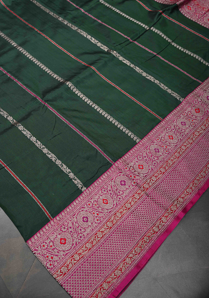 Bottle green Banarasi Pure Katan Silk Saree with Zari vertical stripes and Meenakari Contrast border, Pallu  | SILK MARK CERTIFIED