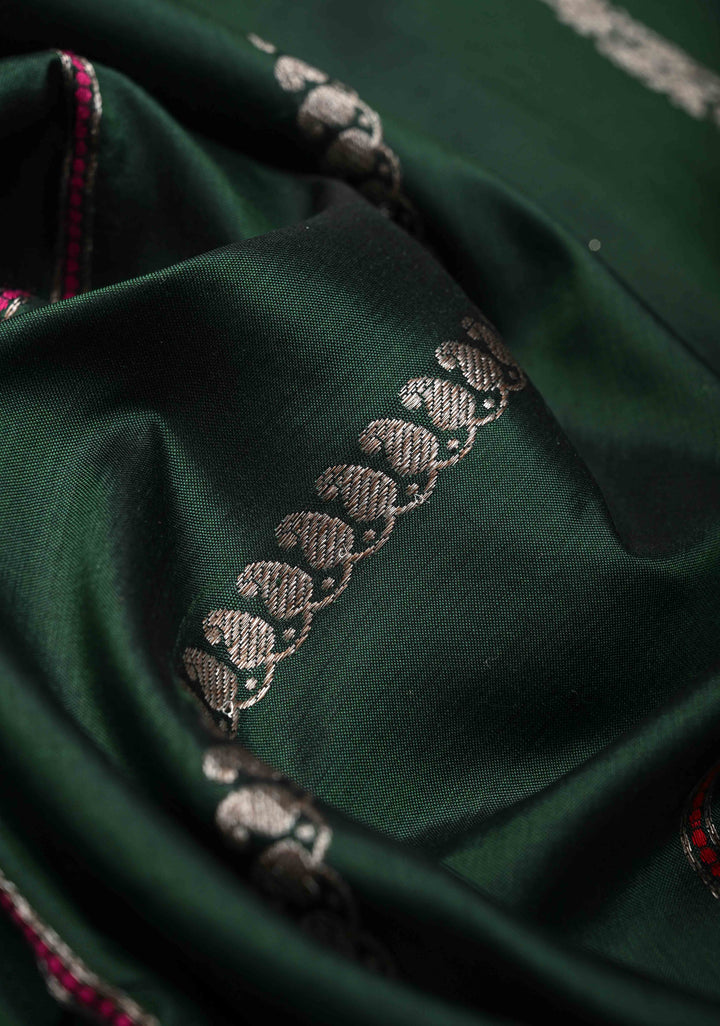 Bottle green Banarasi Pure Katan Silk Saree with Zari vertical stripes and Meenakari Contrast border, Pallu  | SILK MARK CERTIFIED