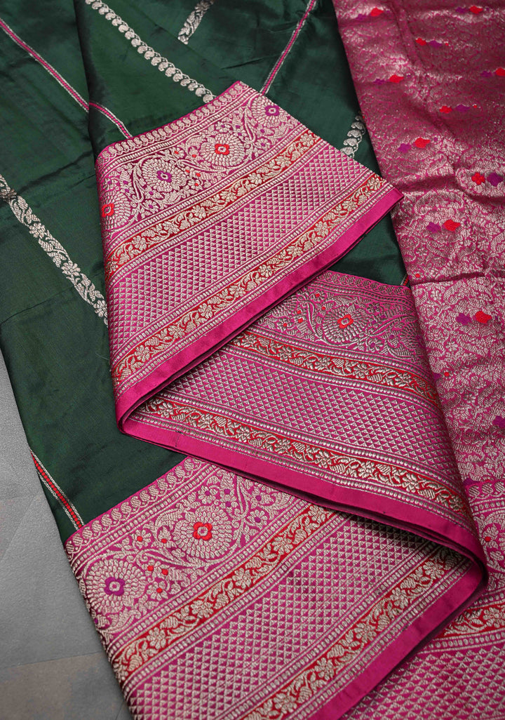 Bottle green Banarasi Pure Katan Silk Saree with Zari vertical stripes and Meenakari Contrast border, Pallu  | SILK MARK CERTIFIED