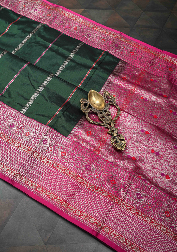 Bottle green Banarasi Pure Katan Silk Saree with Zari vertical stripes and Meenakari Contrast border, Pallu  | SILK MARK CERTIFIED