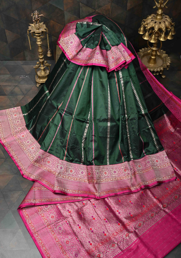 Bottle green Banarasi Pure Katan Silk Saree with Zari vertical stripes and Meenakari Contrast border, Pallu  | SILK MARK CERTIFIED