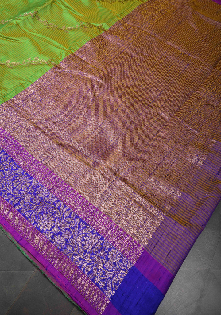 Green -Yellow Dual Tone Dupion Banarasi Pure Silk Saree with Jungla Leheria Jaal Pattern and Antique Zari Borders | SILK MARK CERTIFIED