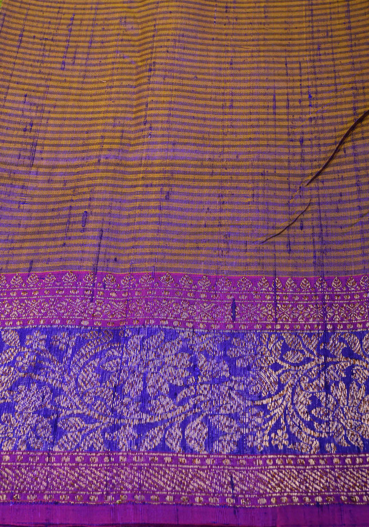 Green -Yellow Dual Tone Dupion Banarasi Pure Silk Saree with Jungla Leheria Jaal Pattern and Antique Zari Borders | SILK MARK CERTIFIED