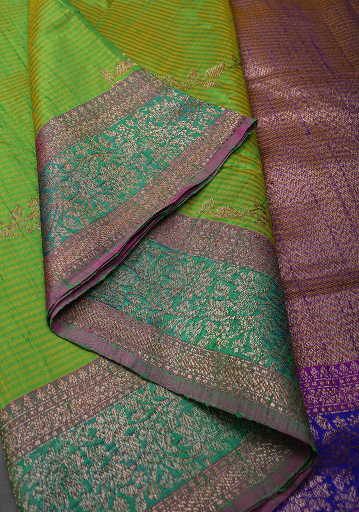 Green -Yellow Dual Tone Dupion Banarasi Pure Silk Saree with Jungla Leheria Jaal Pattern and Antique Zari Borders | SILK MARK CERTIFIED