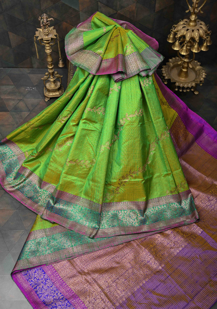 Green -Yellow Dual Tone Dupion Banarasi Pure Silk Saree with Jungla Leheria Jaal Pattern and Antique Zari Borders | SILK MARK CERTIFIED