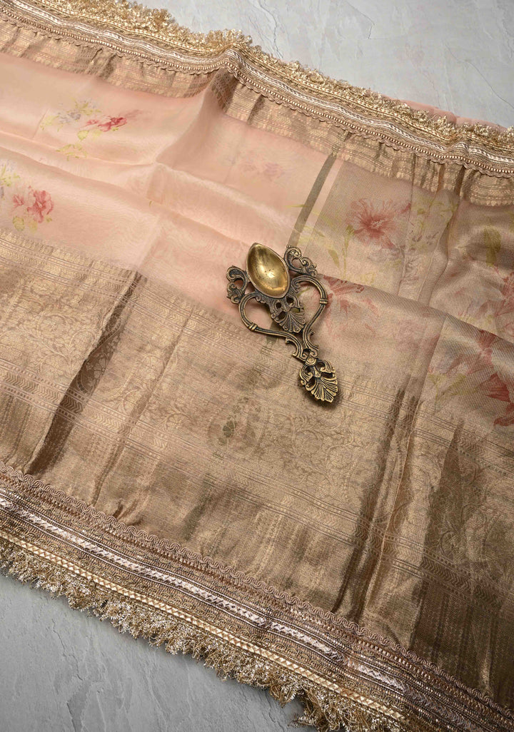 Pure Organza Silk Saree in Rose Fog with Floral Digital Print and Lace Trim Border| SILK MARK CERTIFIED
