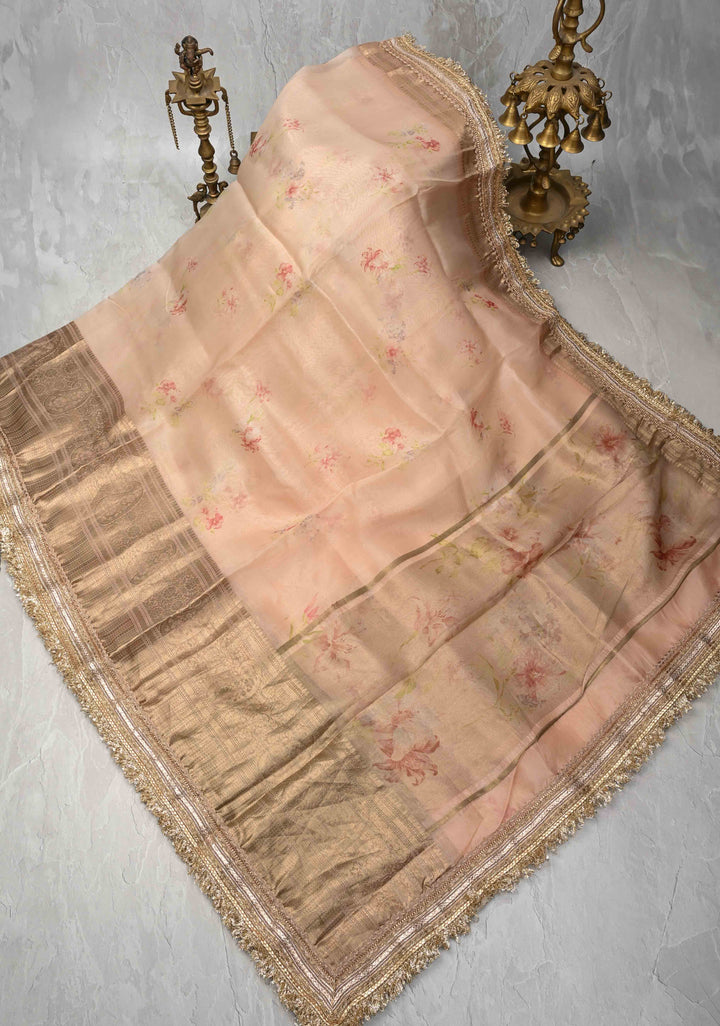 Pure Organza Silk Saree in Rose Fog with Floral Digital Print and Lace Trim Border| SILK MARK CERTIFIED