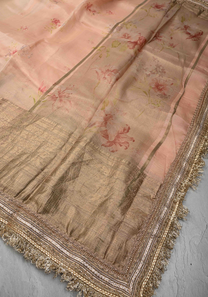 Pure Organza Silk Saree in Rose Fog with Floral Digital Print and Lace Trim Border| SILK MARK CERTIFIED