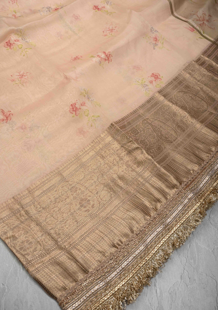 Pure Organza Silk Saree in Rose Fog with Floral Digital Print and Lace Trim Border| SILK MARK CERTIFIED