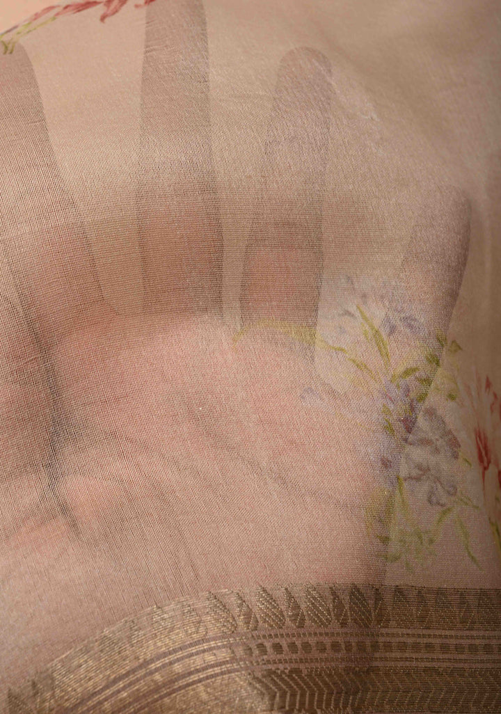 Pure Organza Silk Saree in Rose Fog with Floral Digital Print and Lace Trim Border| SILK MARK CERTIFIED
