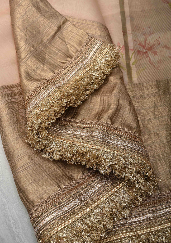 Pure Organza Silk Saree in Rose Fog with Floral Digital Print and Lace Trim Border| SILK MARK CERTIFIED