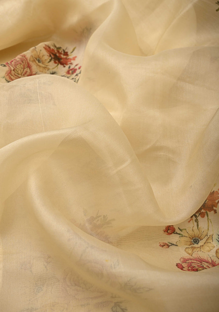 Cream Pure Organza Silk Saree with Floral Digital Print and Lace Trim Border| SILK MARK CERTIFIED