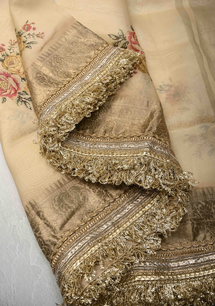Cream Pure Organza Silk Saree with Floral Digital Print and Lace Trim Border| SILK MARK CERTIFIED