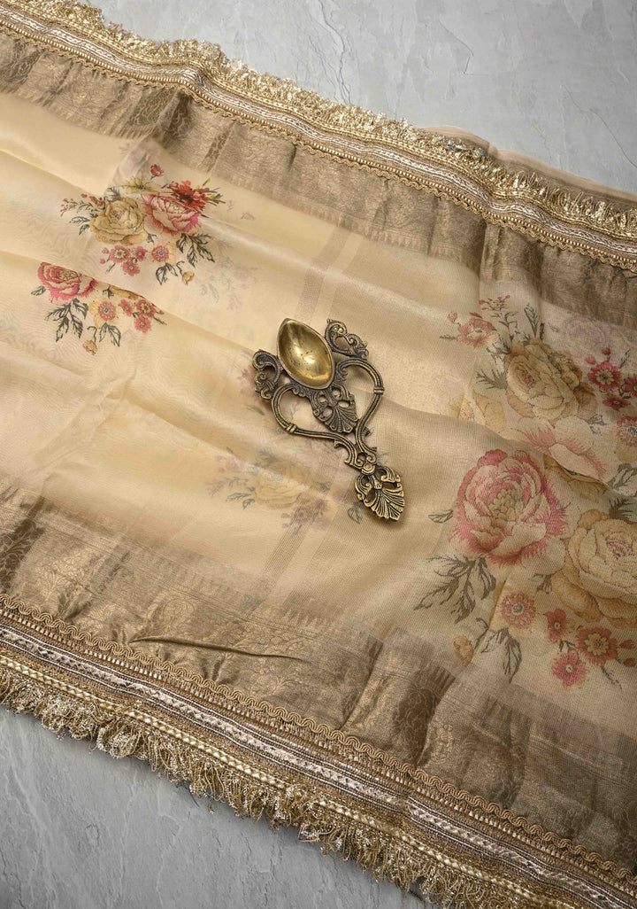 Cream Pure Organza Silk Saree with Floral Digital Print and Lace Trim Border| SILK MARK CERTIFIED